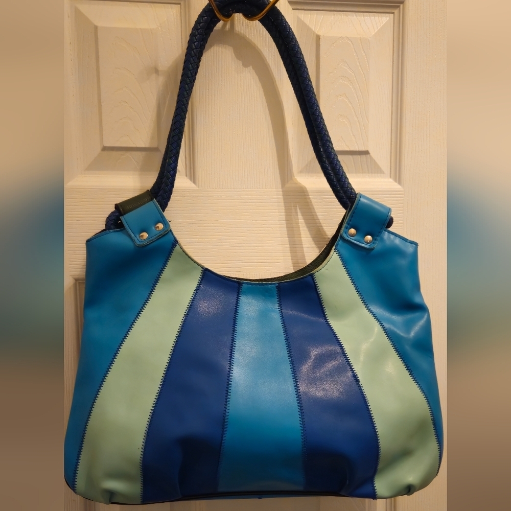 Solongon Blue, Green, Tan, & Cream Striped Women's Shoulder Bag - Picture 13 of 13